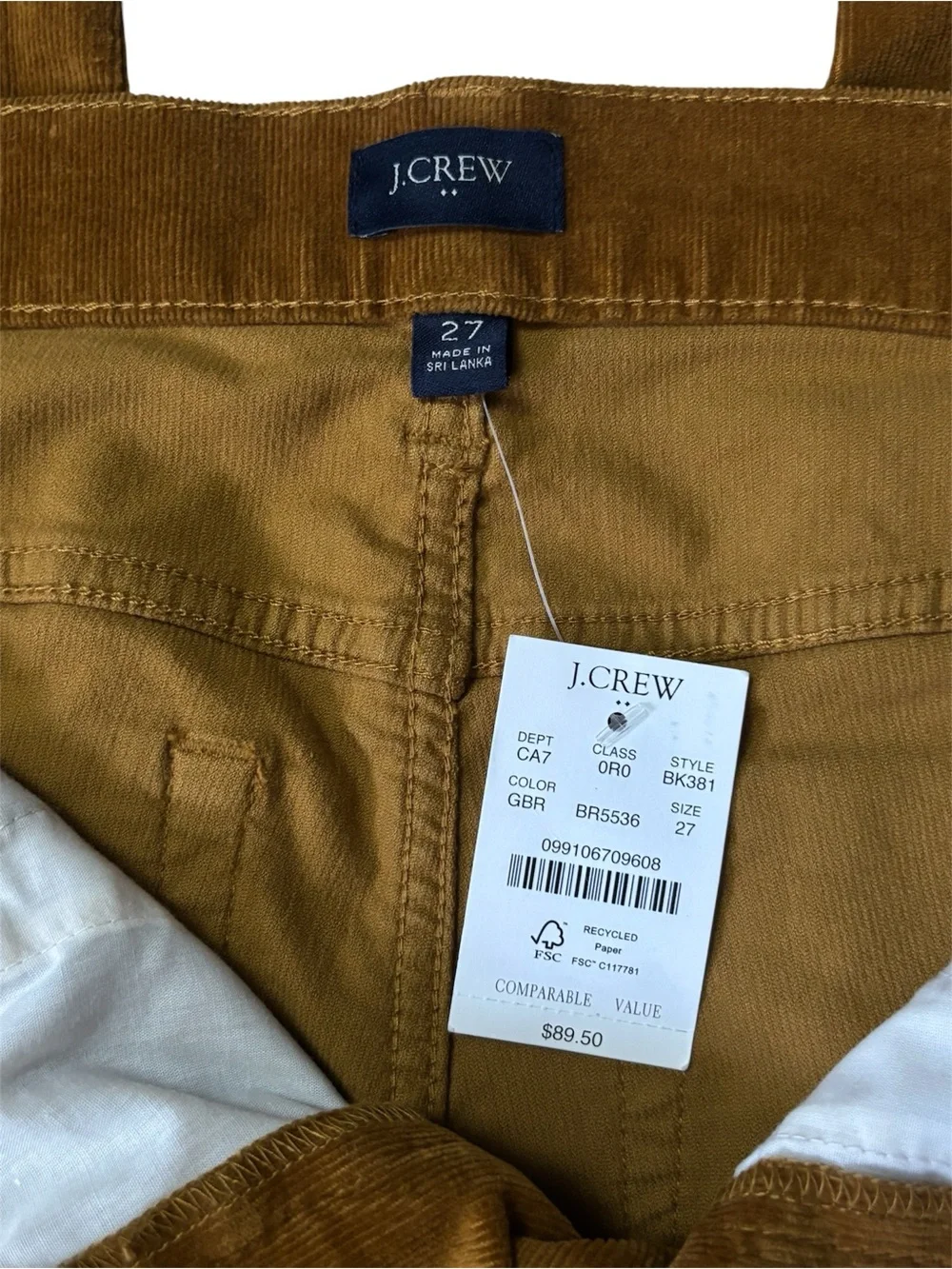 J.Crew 9” High-rise Skinny Golden Brandy Corduroy pants for Women Size 27
